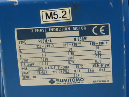 Sumitomo Cyclo CNFMS03-6095GB-87/G F63M/4 Gearmotor 20rpm .25kw 220-480V 87:1