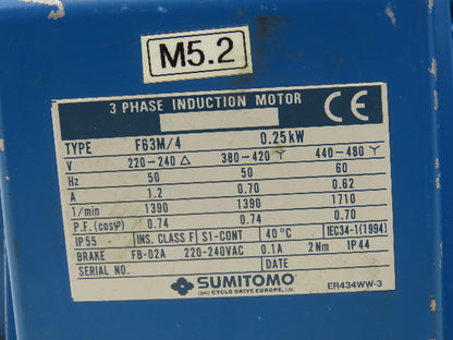 Sumitomo Cyclo CNFMS03-6095GB-87/G F63M/4 Gearmotor 20rpm .25kw 220-480V 87:1