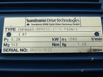 Sumitomo Cyclo CNFMS03-6095GB-87/G F63M/4 Gearmotor 20rpm .25kw 220-480V 87:1