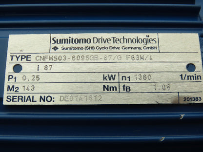 Sumitomo Cyclo CNFMS03-6095GB-87/G F63M/4 Gearmotor 20rpm .25kw 220-480V 87:1