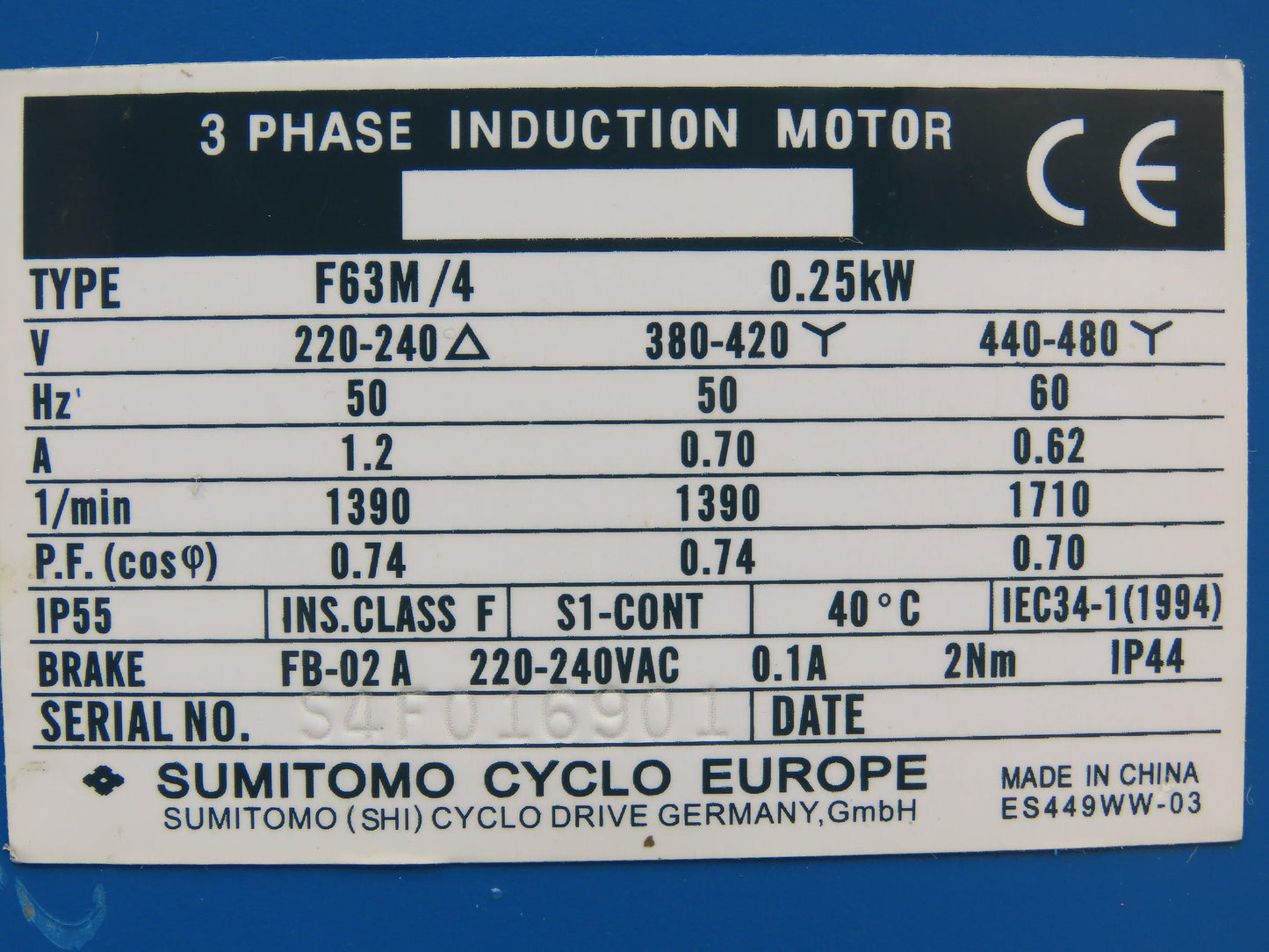 Sumitomo Cyclo CNFMS03-6095GB-87/G F63M/4 Gearmotor 20rpm .25kw 220-480V 87:1