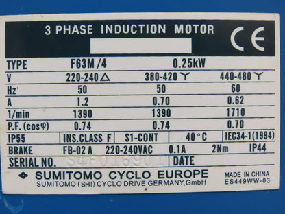 Sumitomo Cyclo CNFMS03-6095GB-87/G F63M/4 Gearmotor 20rpm .25kw 220-480V 87:1