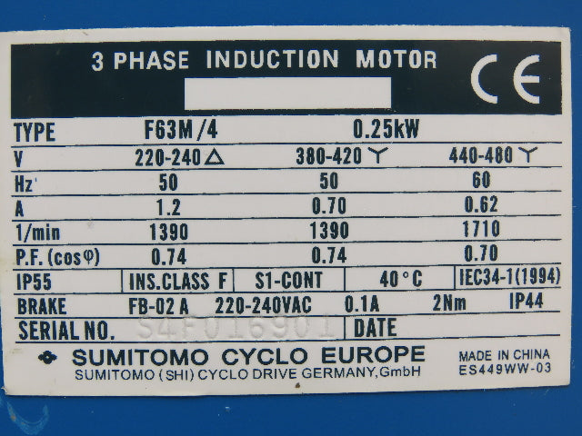 Sumitomo Cyclo CNFMS03-6095GB-87/G F63M/4 Gearmotor 20rpm .25kw 220-480V 87:1