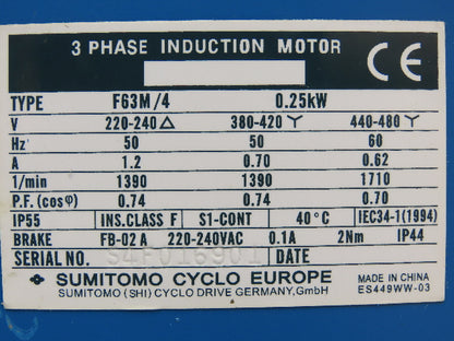 Sumitomo Cyclo CNFMS03-6095GB-87/G F63M/4 Gearmotor 20rpm .25kw 220-480V 87:1