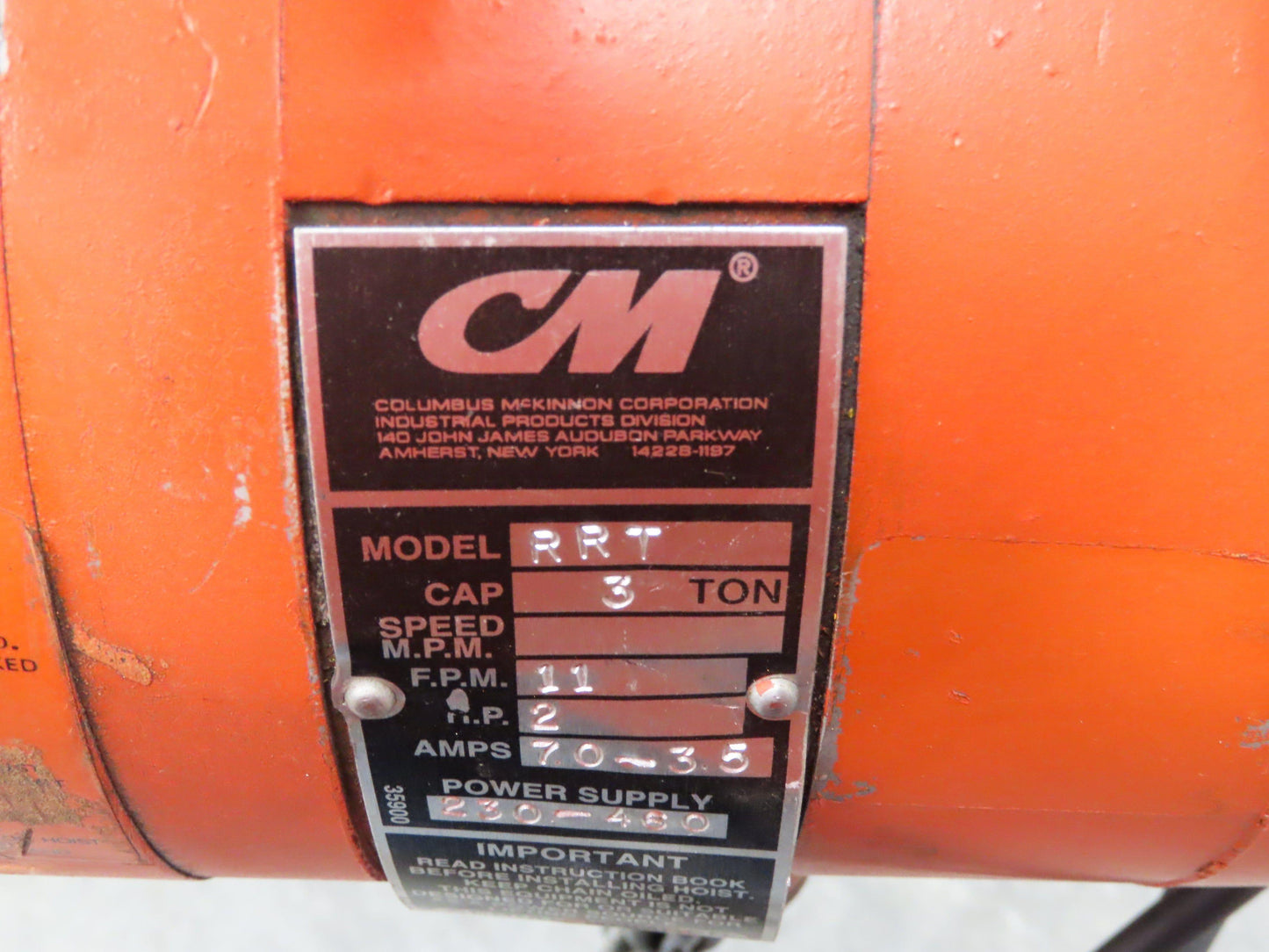 CM Lodestar RRT 3 Ton Electric Chain Hoist 11 FPM 14' Lift Motor Driven Trolley