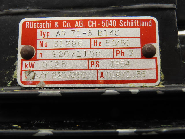 Ruetschi AR 71-6 B14C Metric AC Motor .25kw 920/1100 RPM 220/380V 3PH IEC 71