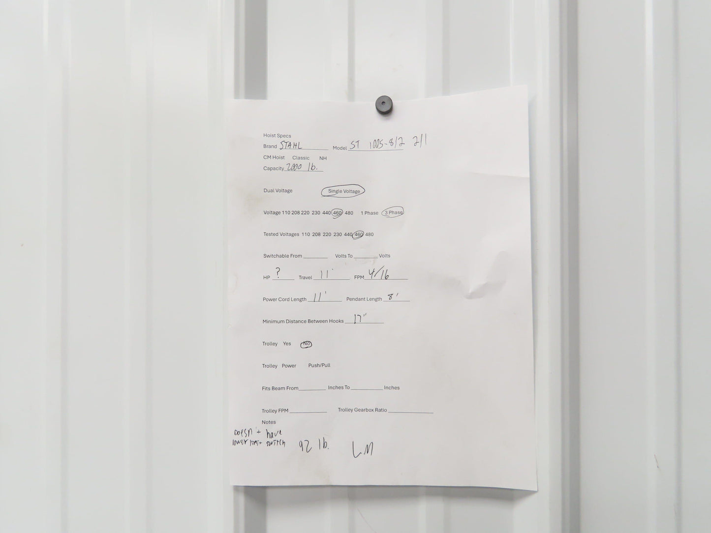 STAHL ST 1005-8/2 2/1 1 Ton 2000LB Electric Chain Hoist 11' Lift 4/16 FPM 460 V