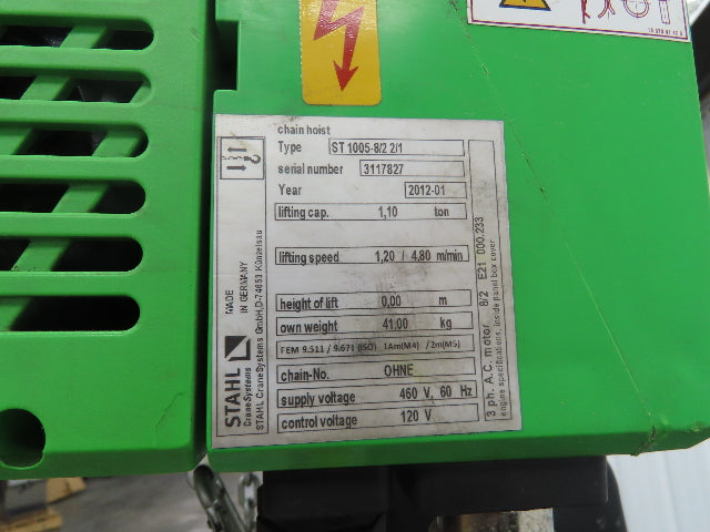 STAHL ST 1005-8/2 2/1 1 Ton 2000LB Electric Chain Hoist 11' Lift 4/16 FPM 460 V
