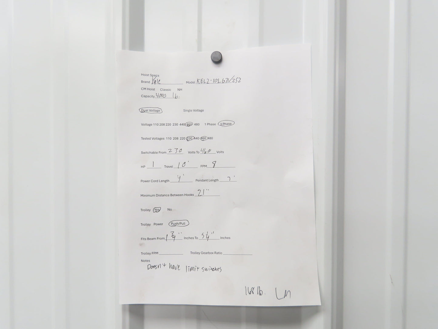 Yale KEL 2 Ton Electric Chain Hoist 8 FPM 10' Lift 230/460 Volt 3PH Trolley