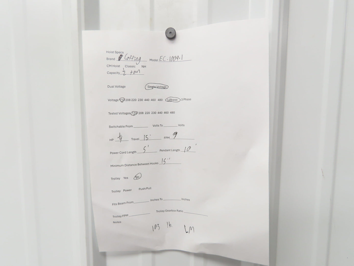 Coffing EC 1009 1 1/2 Ton Electric Chain Hoist 9 FPM 15' Lift 110 Volt 1PH