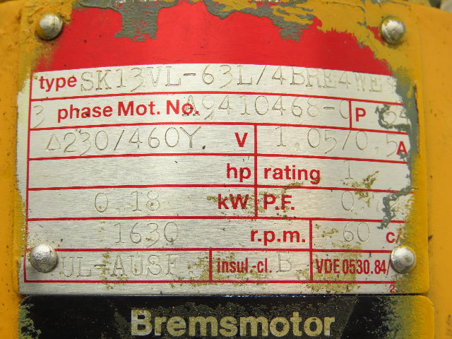 Nord SK13VL-63L/4BRE4WE Brake Motor 0.18kw 1625 RPM 230/460V 3PH Twist Spline