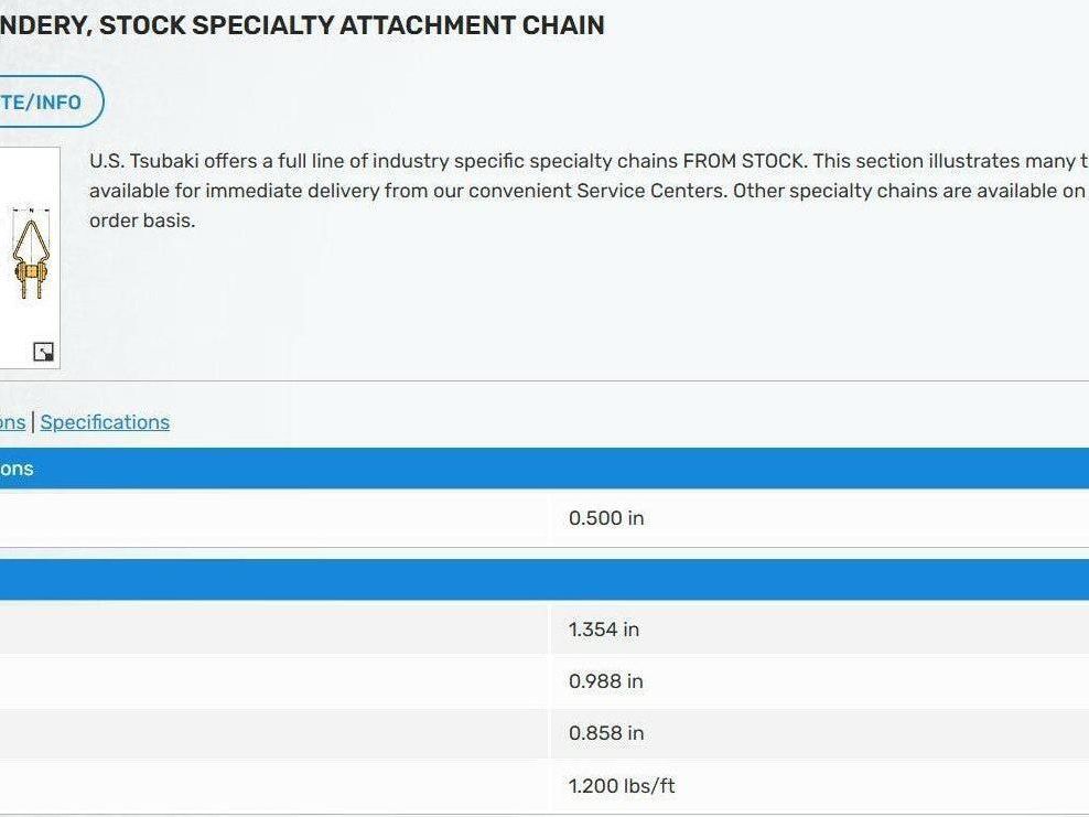 Tsubaki #40 Bindery Attachment Roller Chain 0.50" Pitch 10' Conveying Chain