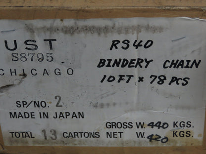 Tsubaki #40 Bindery Attachment Roller Chain 0.50" Pitch 10' Conveying Chain