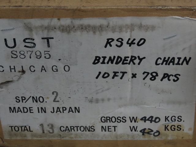 Tsubaki #40 Bindery Attachment Roller Chain 0.50" Pitch 10' Conveying Chain