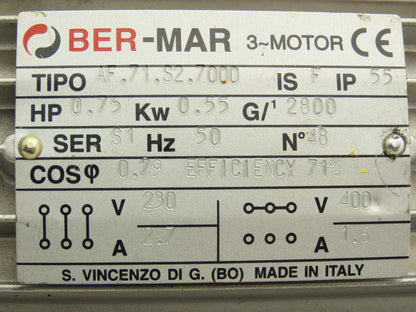 Ber-Mar/Indur AF.71.S2.7000 Gearmotor 47rpm .75Hp 230-400V 60:1 Reducer IEC 71