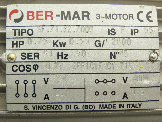 Ber-Mar/Indur AF.71.S2.7000 Gearmotor 47rpm .75Hp 230-400V 60:1 Reducer IEC 71