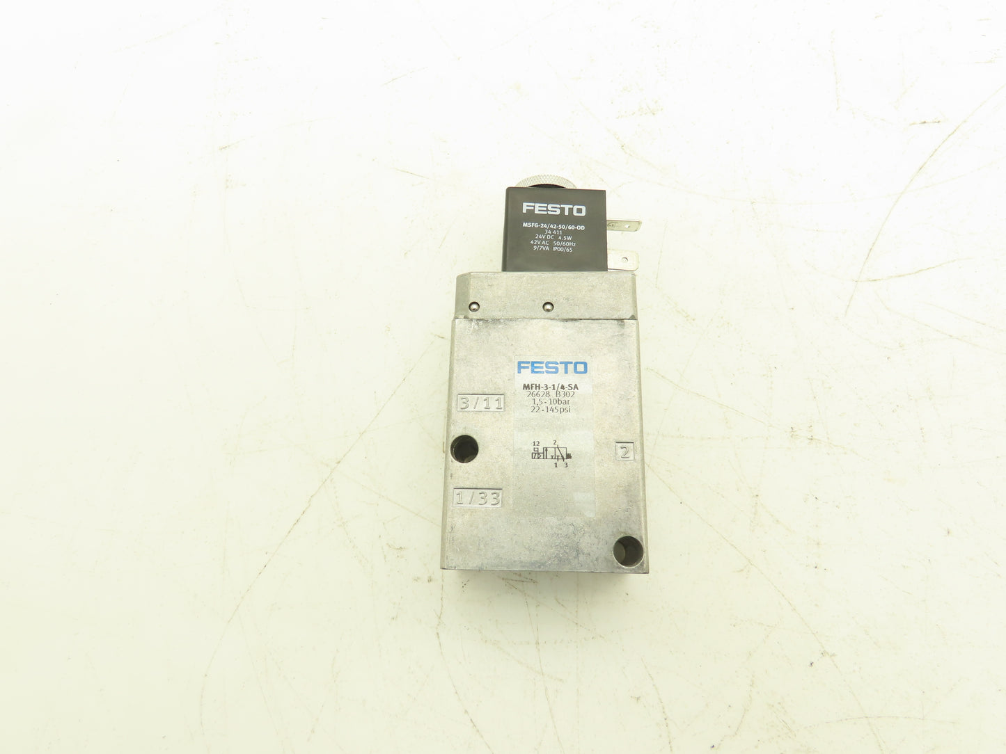 Festo 26628 MFH-3-1/4-SA Solenoid Valve 3 Way 2 Pos 145 PSI 1/4"NPT NC 24VDC