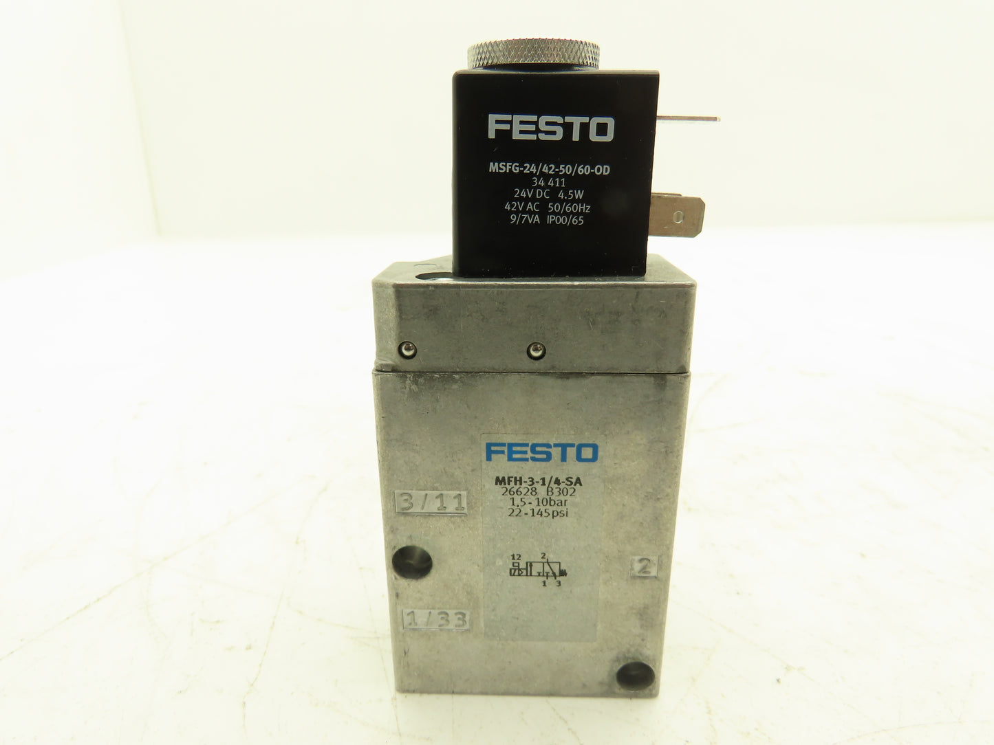 Festo 26628 MFH-3-1/4-SA Solenoid Valve 3 Way 2 Pos 145 PSI 1/4"NPT NC 24VDC