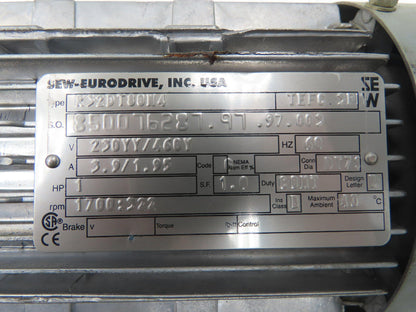 Sew-Eurodrive R32DT80N4 Inline Gearmotor 5.3:1 Reducer 322rpm 1Hp 230/460V 3PH