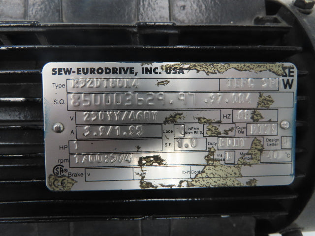 Sew-Eurodrive R32DT80N4 Inline Gearmotor 4.5:1 Reducer 374rpm 1Hp 230/460V 3PH