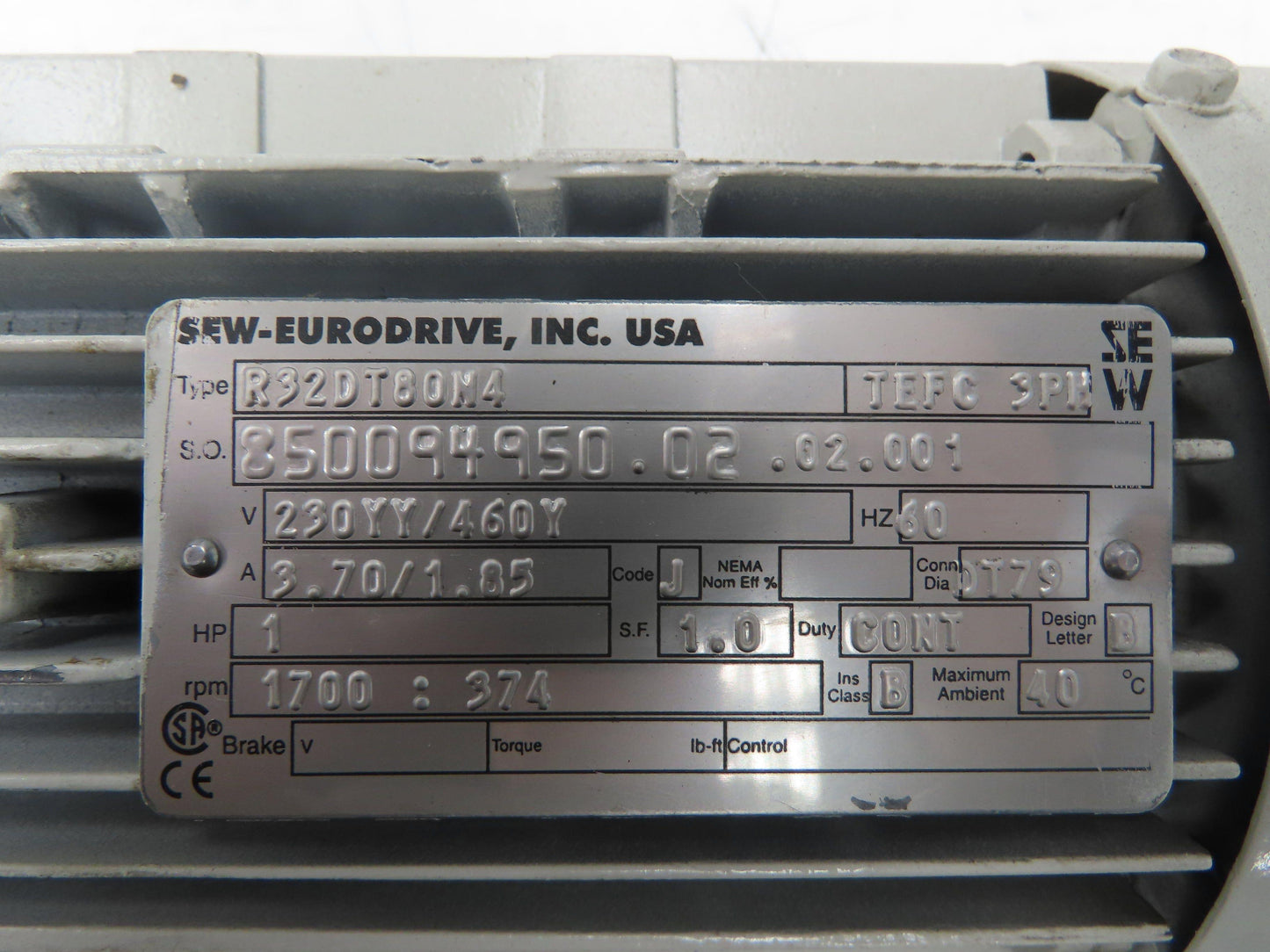 Sew-Eurodrive R32DT80N4 Inline Gearmotor 4.5:1 Reducer 374rpm 1Hp 230/460V 3PH