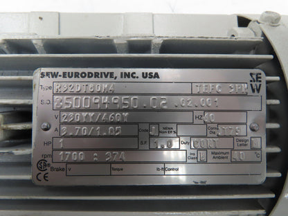 Sew-Eurodrive R32DT80N4 Inline Gearmotor 4.5:1 Reducer 374rpm 1Hp 230/460V 3PH