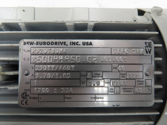 Sew-Eurodrive R32DT80N4 Inline Gearmotor 4.5:1 Reducer 374rpm 1Hp 230/460V 3PH