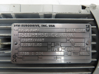 Sew-Eurodrive R32DT80N4 Inline Gearmotor 4.5:1 Reducer 374rpm 1Hp 230/460V 3PH