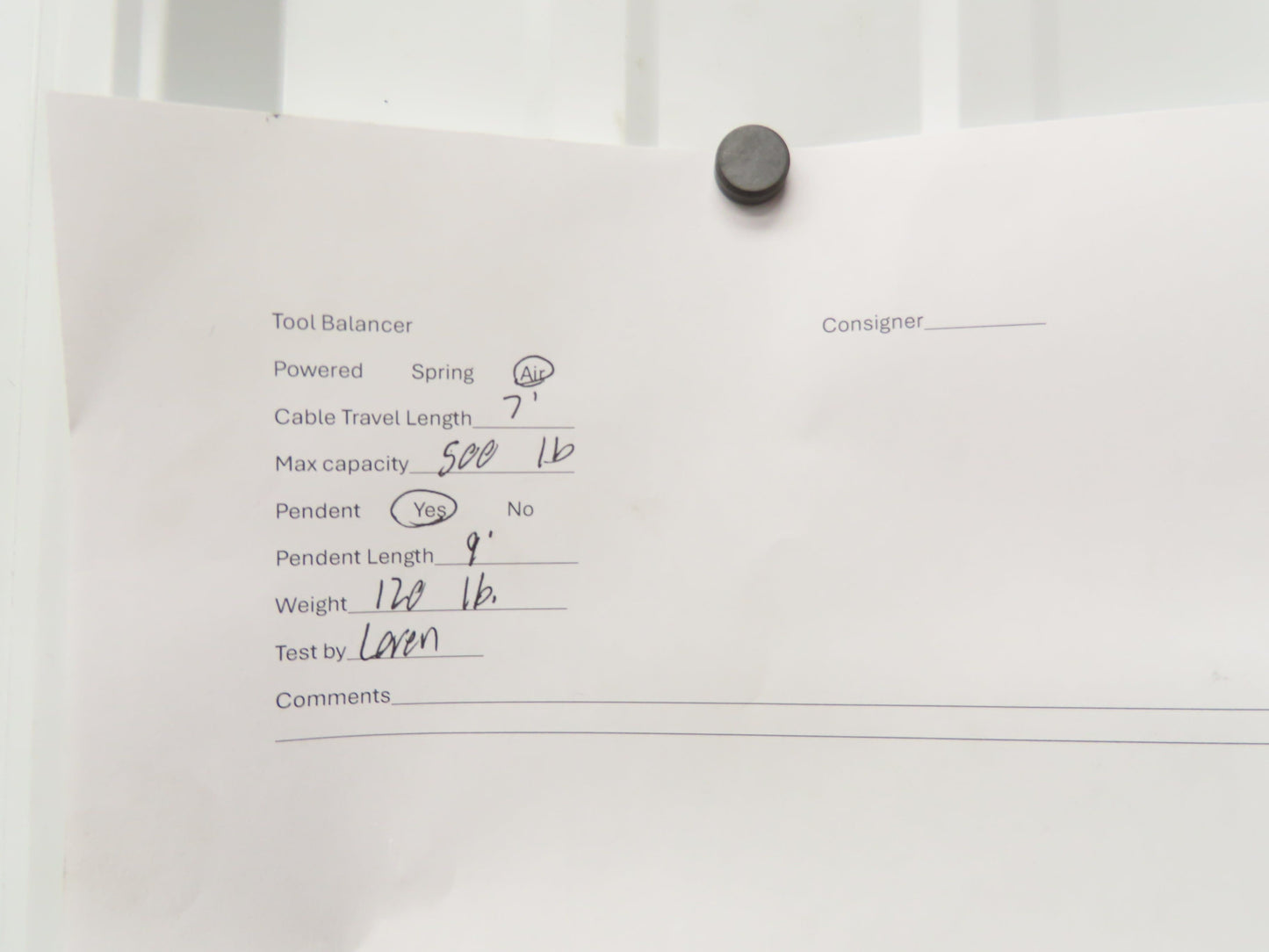 Knight KBC500-080 Pneumatic Chain Air Balancer 500Lb 80" Travel w/Pendant