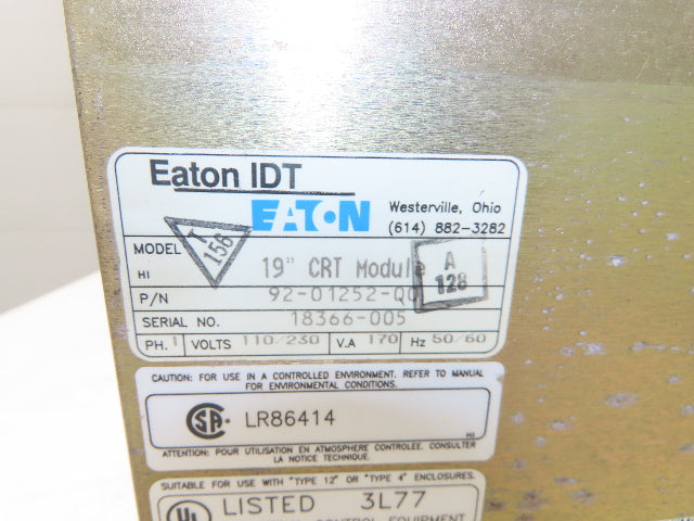 Eaton 19" CRT Module Monitor Screen Display 110/230v 1Ph 60Hz