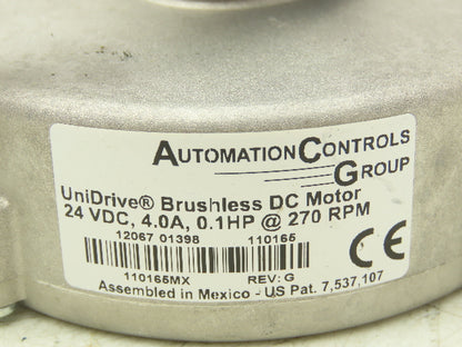 Automation Controls 100W24 UniDrive DC Motor 24VDC Variable Speed Conveyor Drive