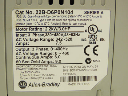 Allen Bradley 22B-D6P0N104 PowerFlex 40 Variable AC Drive VFD 3HP 480V 3PH