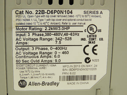 Allen Bradley 22B-D6P0N104 PowerFlex 40 Variable AC Drive VFD 3HP 480V 3PH