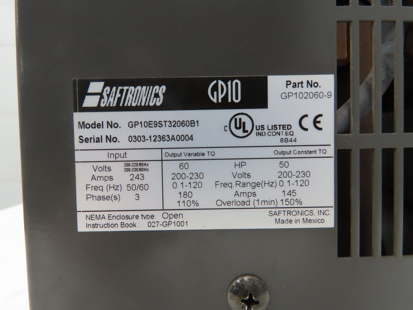 Saftronics GP102060-9 60Hp AC Drive Motor Controller 208/230/460v 3ph