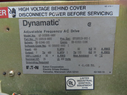 Eaton AF-502608-0480 VFD Variable AC Drive 3Ph 480V In 25Hp 460v 36A 133Hz Out