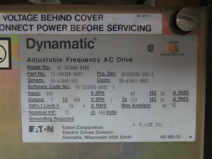 Eaton AF-502608-0480 Dynamatic VFD AC Drive 3Ph 480V In 25Hp 460v 36A 133Hz Out