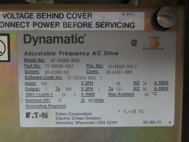 Eaton AF-502608-0480 Dynamatic VFD AC Drive 3Ph 480V In 25Hp 460v 36A 133Hz Out