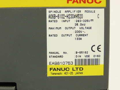 Fanuc A06B-6102-H230#H520 AC Servo Drive Amplifier Spindle Module 230V 133A Out