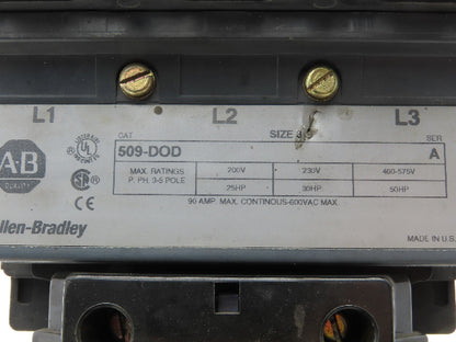 Allen Bradley 509-DOD Size 3 Motor Starter Contactor 120V Coil 90A 50Hp 600VAC