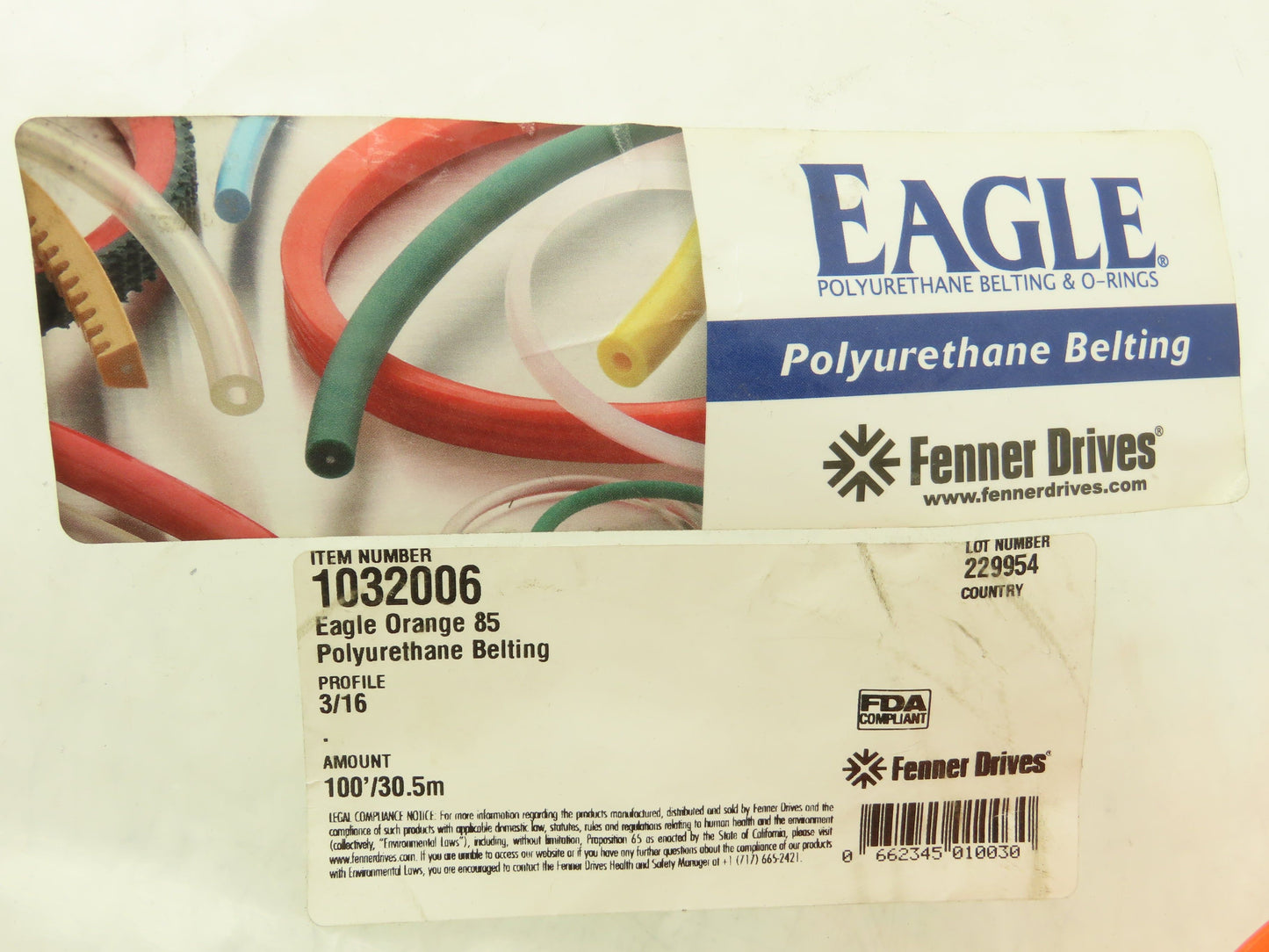 Fenner Drives 1032006 Eagle Orange 85 Polyurethane Round Belting 3/16" Dia 95'