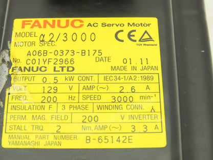 Fanuc A06B-0373-B175 AC Servo Motor 0.5kw 3000RPM 129v 3ph Encoder A8600360T001