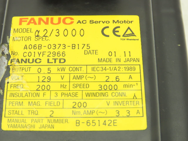 Fanuc A06B-0373-B175 AC Servo Motor 0.5kw 3000RPM 129v 3ph Encoder A8600360T001
