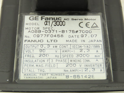 Fanuc A06B-0371-B175 AC Servo Motor .3kW 90v 3Ph 3000RPM Encoder A860-0360-T001