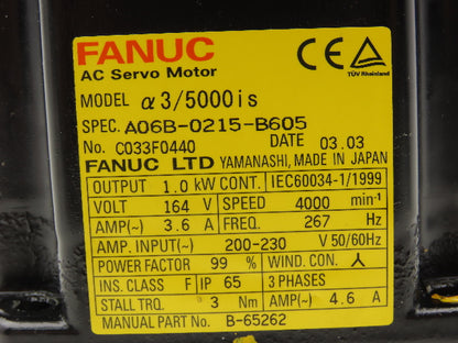 Fanuc A06B-0215-B605 AC Servo Motor 1.0kW 164v 3Ph 4000RPM Encoder A8602014T301