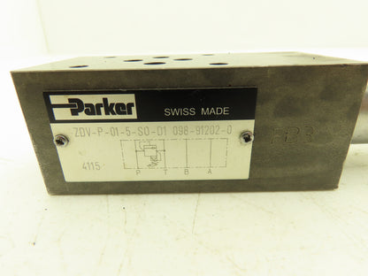 Parker ZDV-P-01-5-S0-D1 Hydraulic Pressure Relief Sandwich Valve 098-91202-0
