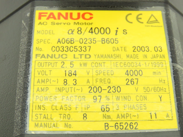 Fanuc A06B-0235-B605 AC Servo Motor 2.5kW 184v 3Ph 4000RPM Encoder A8602014T301