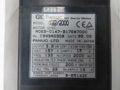 Fanuc A06B-0147-B176 AC Servo Motor 3.8kW 157v 3Ph 2000RPM Encoder A8600360V511