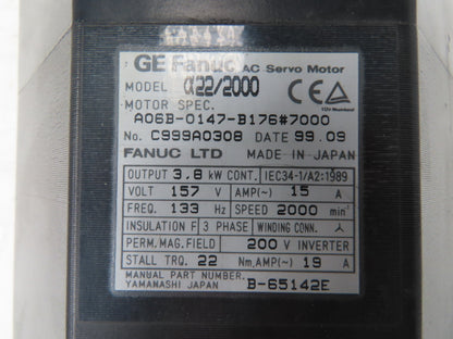 Fanuc A06B-0147-B176 AC Servo Motor 3.8kW 157v 3Ph 2000RPM Encoder A8600360V511