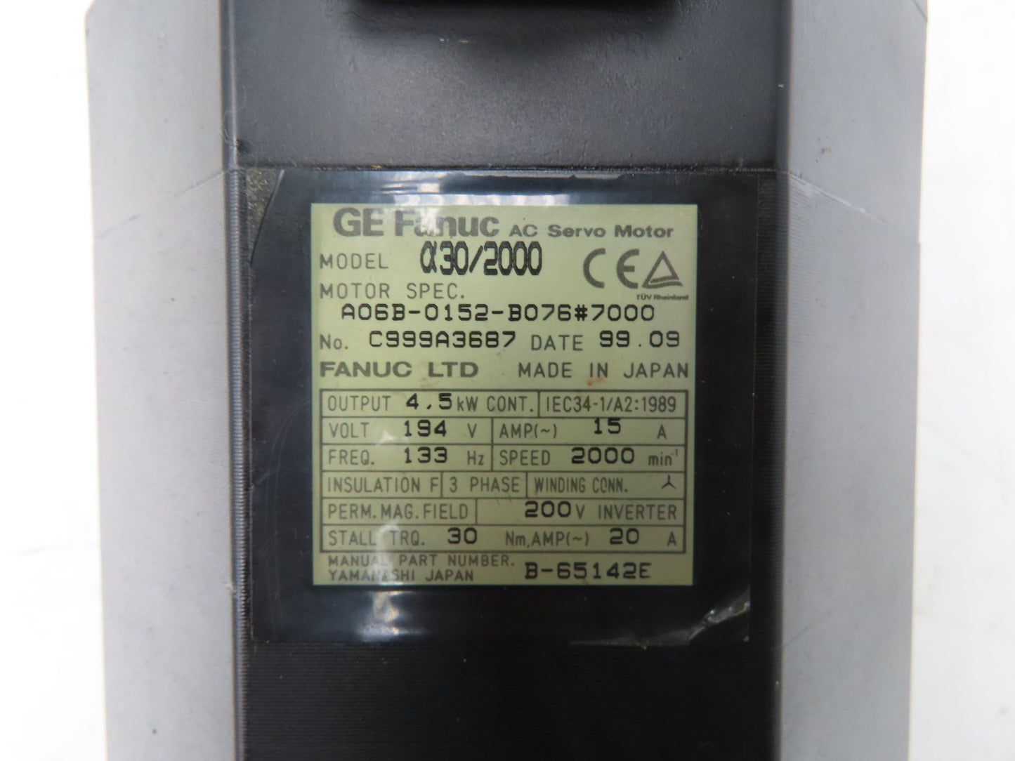 Fanuc A06B-0152-B076 AC Servo Motor 4.5kW 194v 3Ph 2000RPM Encoder A8600360V511