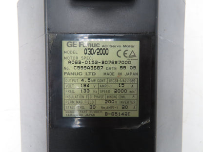 Fanuc A06B-0152-B076 AC Servo Motor 4.5kW 194v 3Ph 2000RPM Encoder A8600360V511
